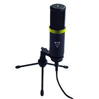 MICROFONO GAMING PARA STREAMING USB CON BOTON DE SILENCIO DE RPIDO ACCESO CON BASE TIPO TRIPIE PARA ESCRITORIO, COLOR NEGRO Y AMARILLO