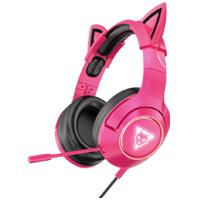 AURICULARES TIPO DIADEMA OCELOT COLOR ROSA CON NEGRO, GAMERS/ ALAMBRICOS/ ILUMINACION BLANCA/ MICROFONO CON CANCELACION DE RUIDO /AJUSTABLES/ MULTIPLATAFORMA/ ADAPTADOR DE 2 PUNTAS/ OVER EAR
