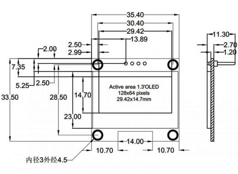 Display Lcd Oled Azul 128x64 1.3 Pulgada-Dimensiones